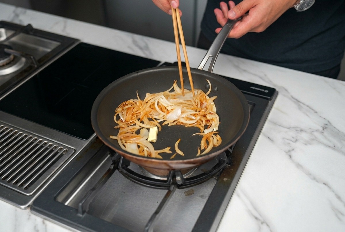 黒いフライパンでスライスした玉ねぎとバターを菜箸で炒める様子。
