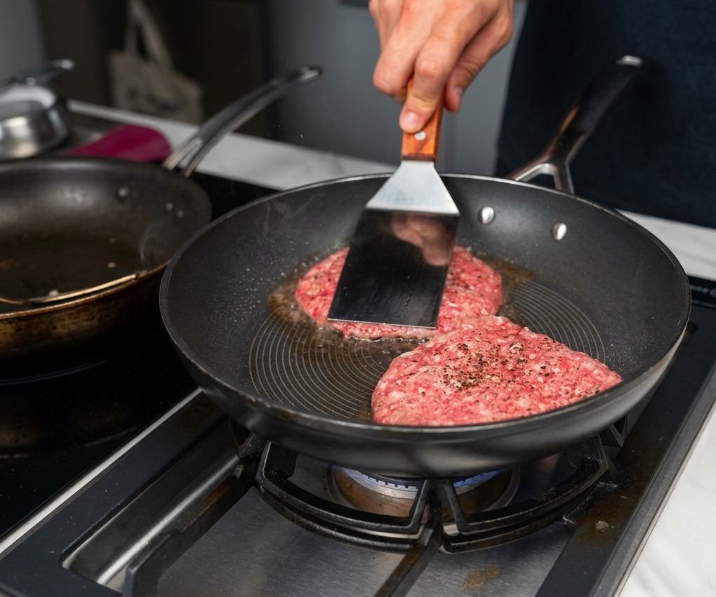 熱いフライパンで2枚のビーフパティを焼き、金属製のフライ返しで押し付けている様子。