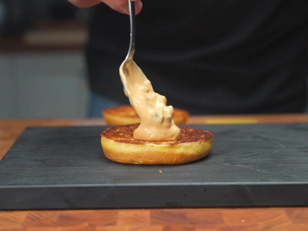 こんがり焼けたブリオッシュバンズに、クリーミーなピンク色のバーガーソースをスプーンで塗っている様子。