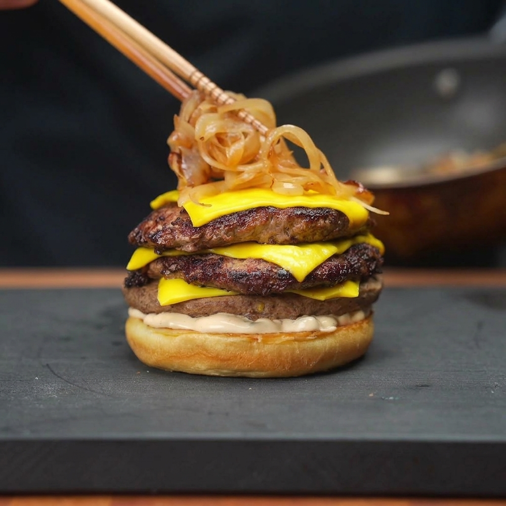 菜箸を使って、ダブルチーズバーガーの上にたっぷりの飴色玉ねぎをのせている様子。