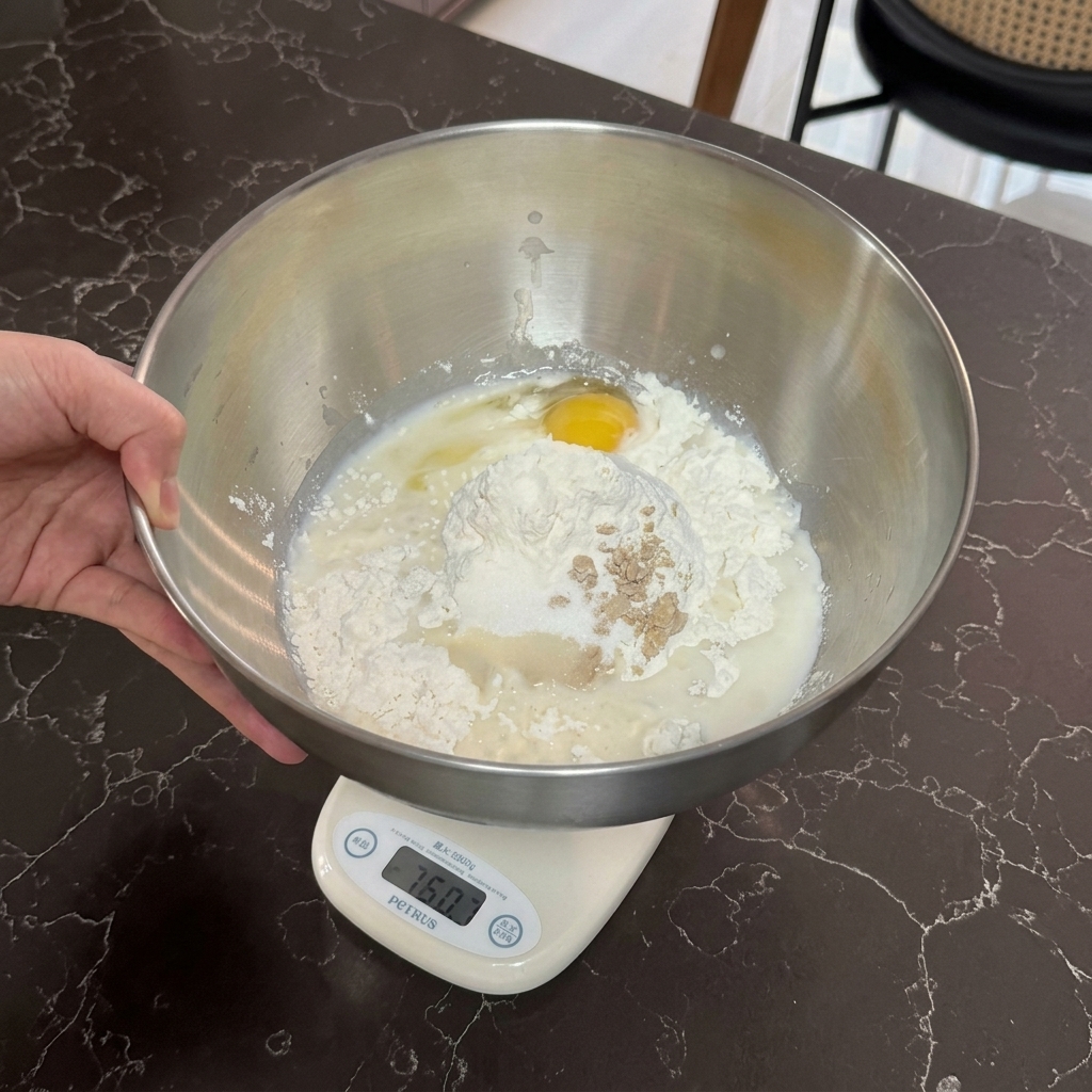 デジタルスケールにのせたステンレスボウルに、牛乳、卵、小麦粉、ドライイーストが入っている様子。