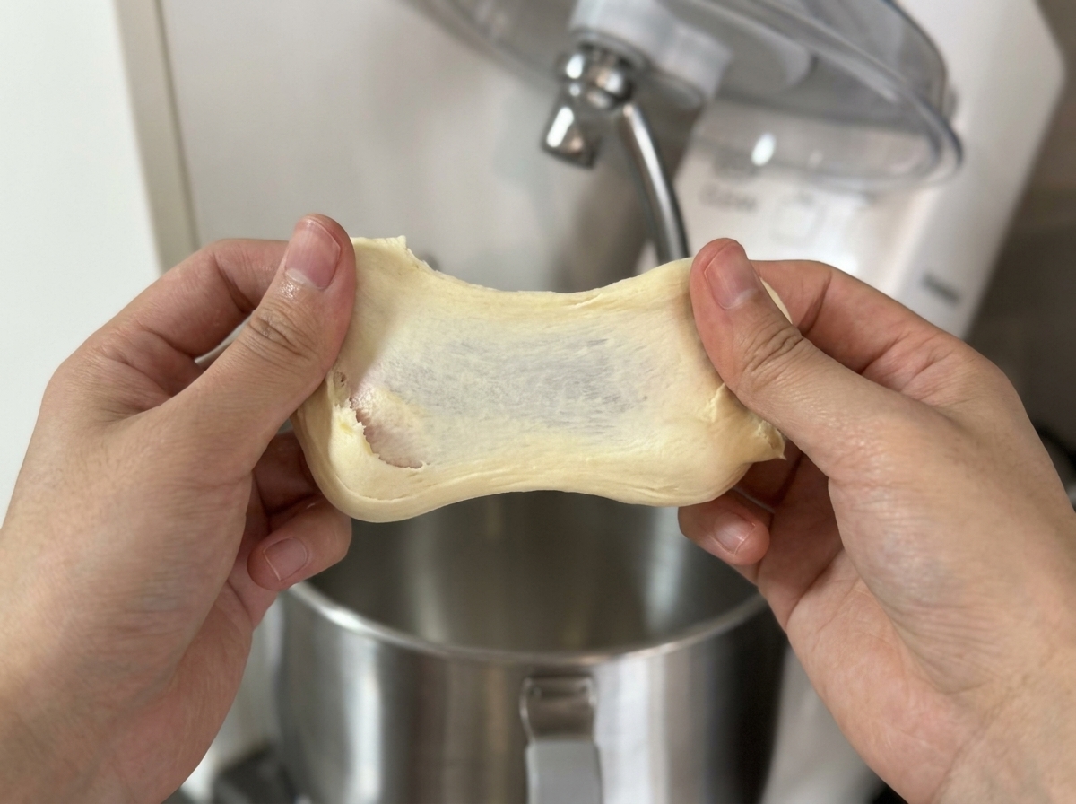生地の小片を両手で優しく引き伸ばし、薄く透き通るような膜を確認している様子。