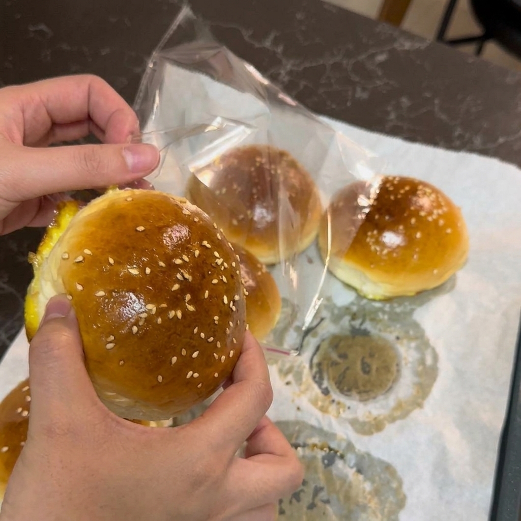 焼き上がったごま付きバンズを透明なプラスチックの保存袋に入れている様子。