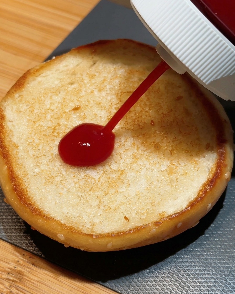 焼いたバンズの下側にボトルから赤いケチャップを絞り出している様子。