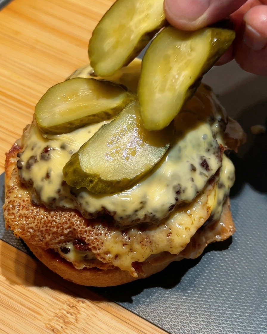 ダブルチーズバーガーのパティの上にピクルスを並べている様子。