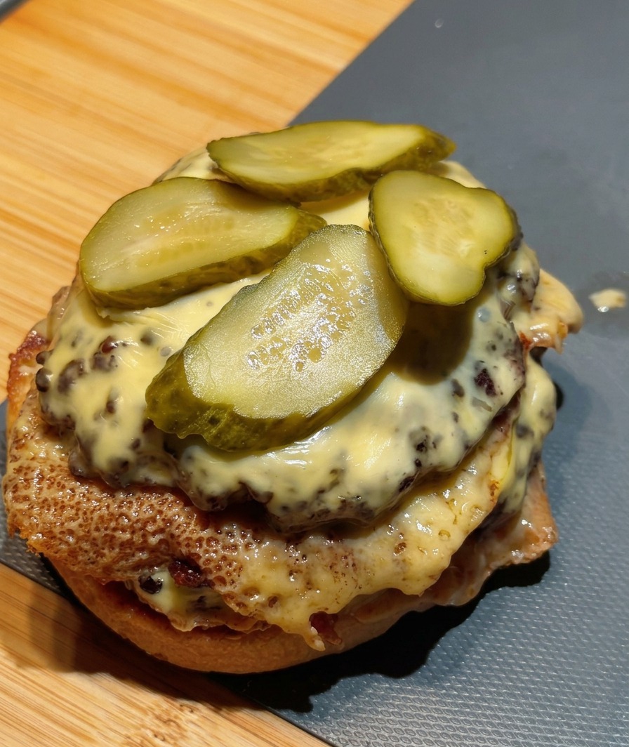 ピクルスの上に上のバンズをのせて、ハンバーガーを完成させている様子。