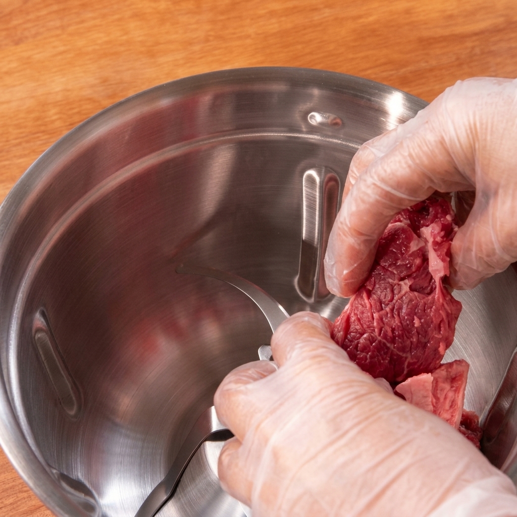 フードプロセッサーの中に、カットした鮮やかな赤身の牛肉を入れている様子。