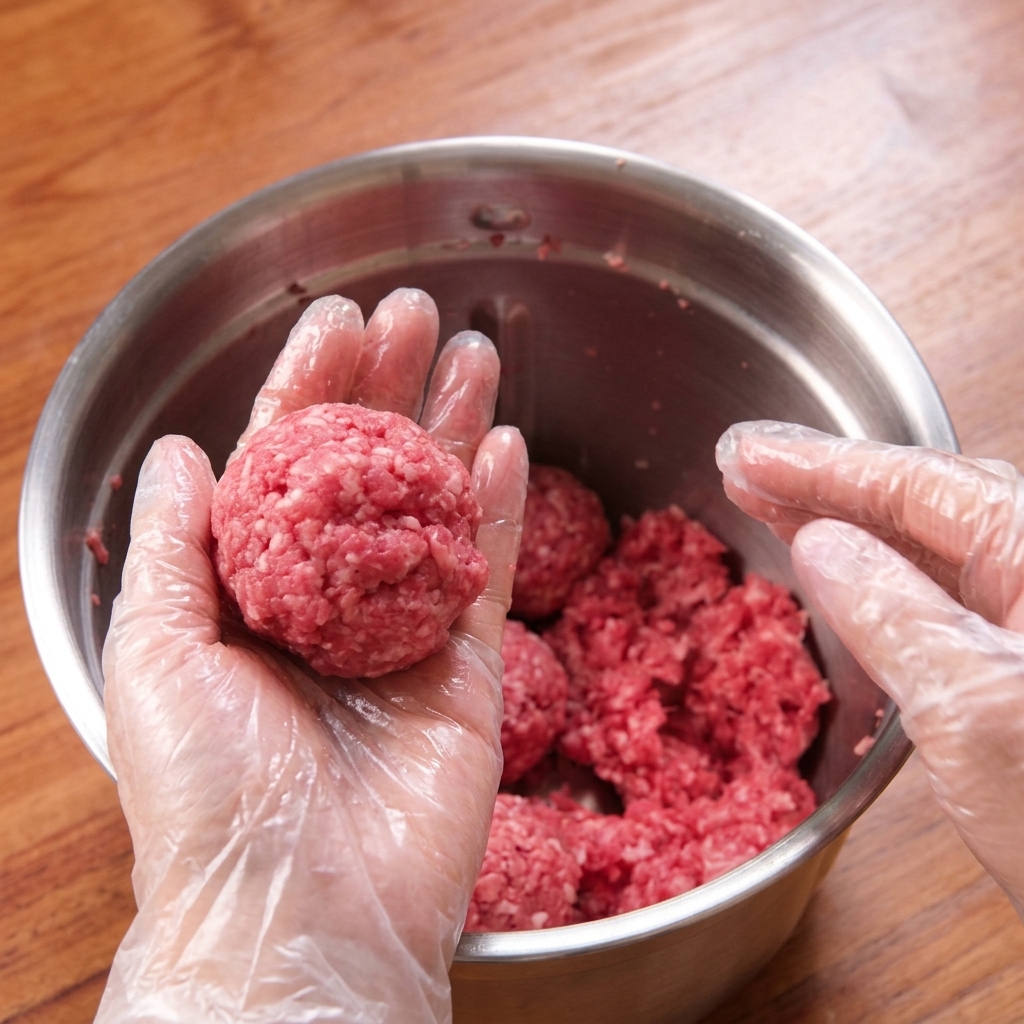 挽いた肉を両手でキャッチボールするように叩きつけ、粘りを出している様子。