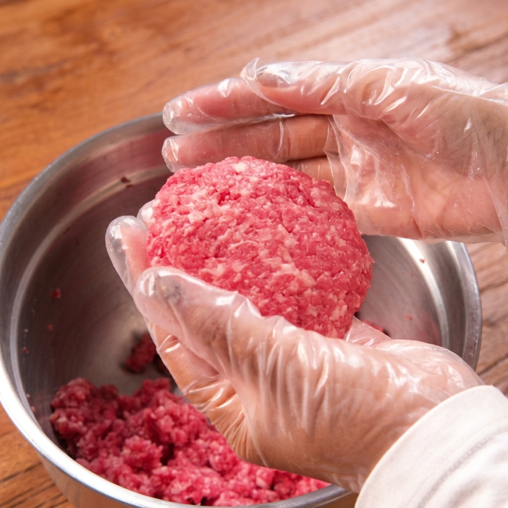 丸めた肉を平らに押しつぶし、円盤状に成形している様子。