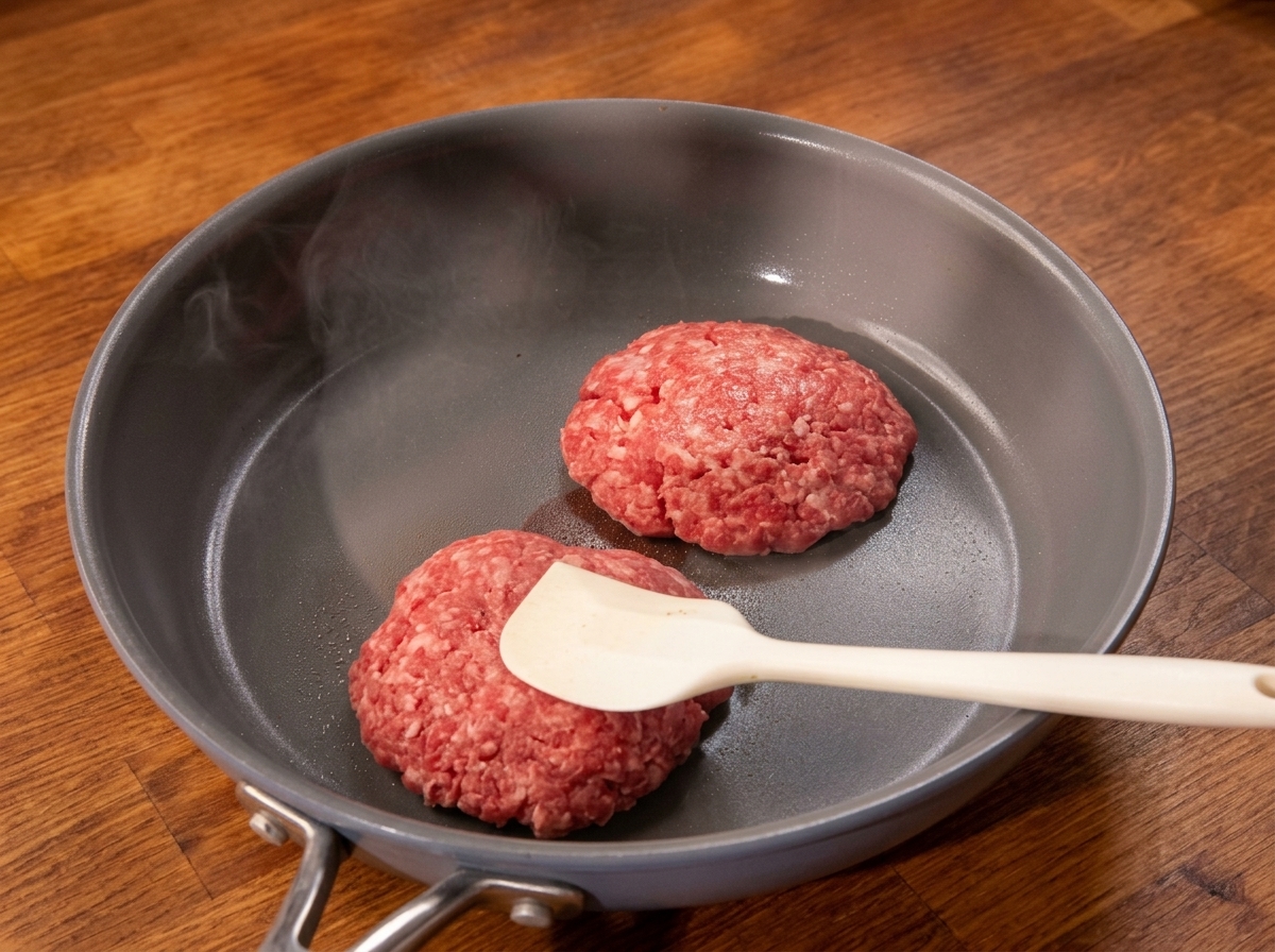 フライパンでパティを焼き、スパチュラで上から軽く押さえている様子。