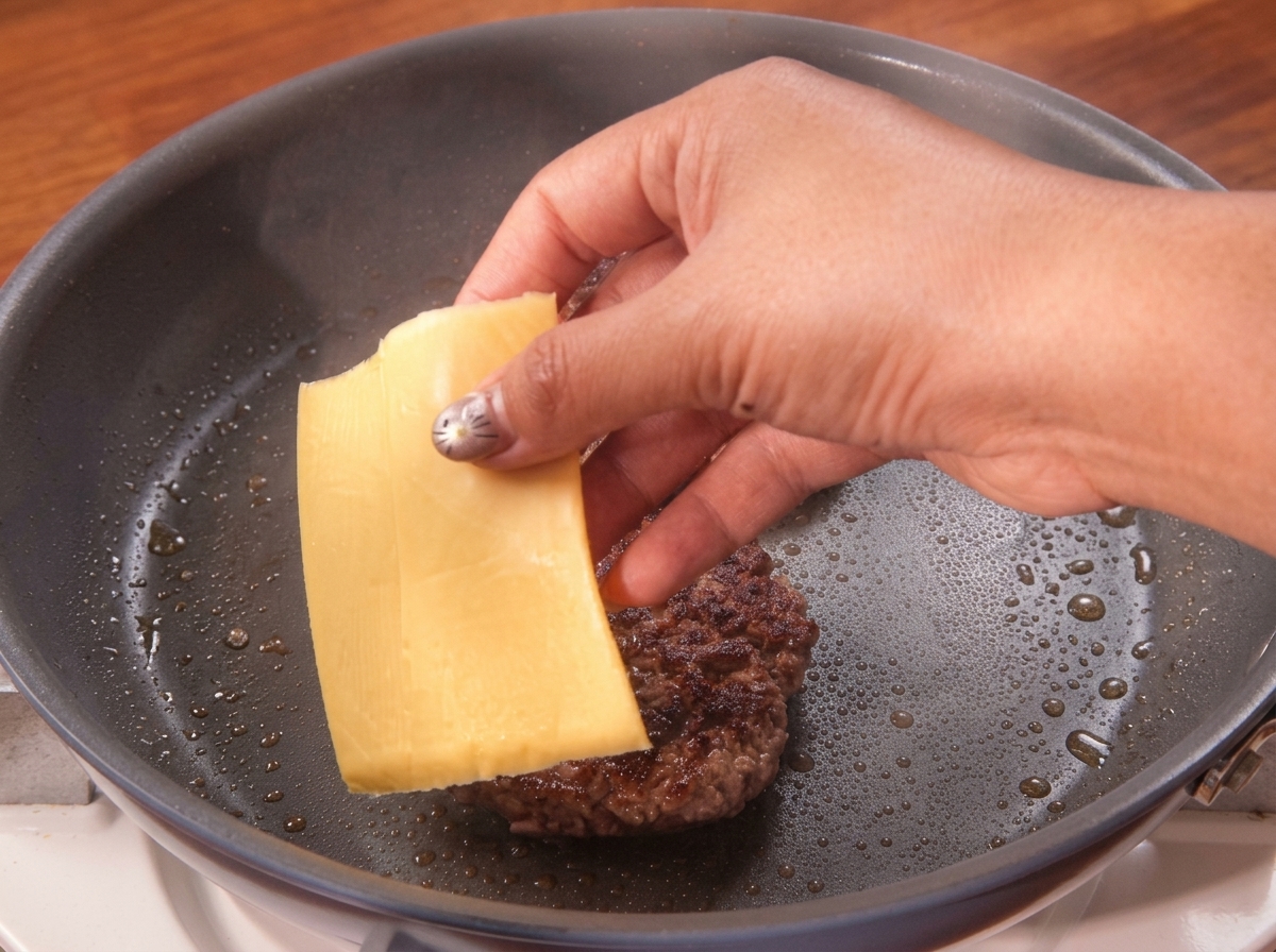 焼けたパティの上にスライスチーズを乗せている様子。
