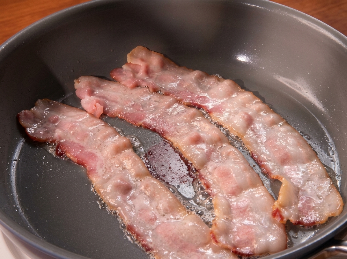 フライパンでベーコンがジュージューと焼けている様子。