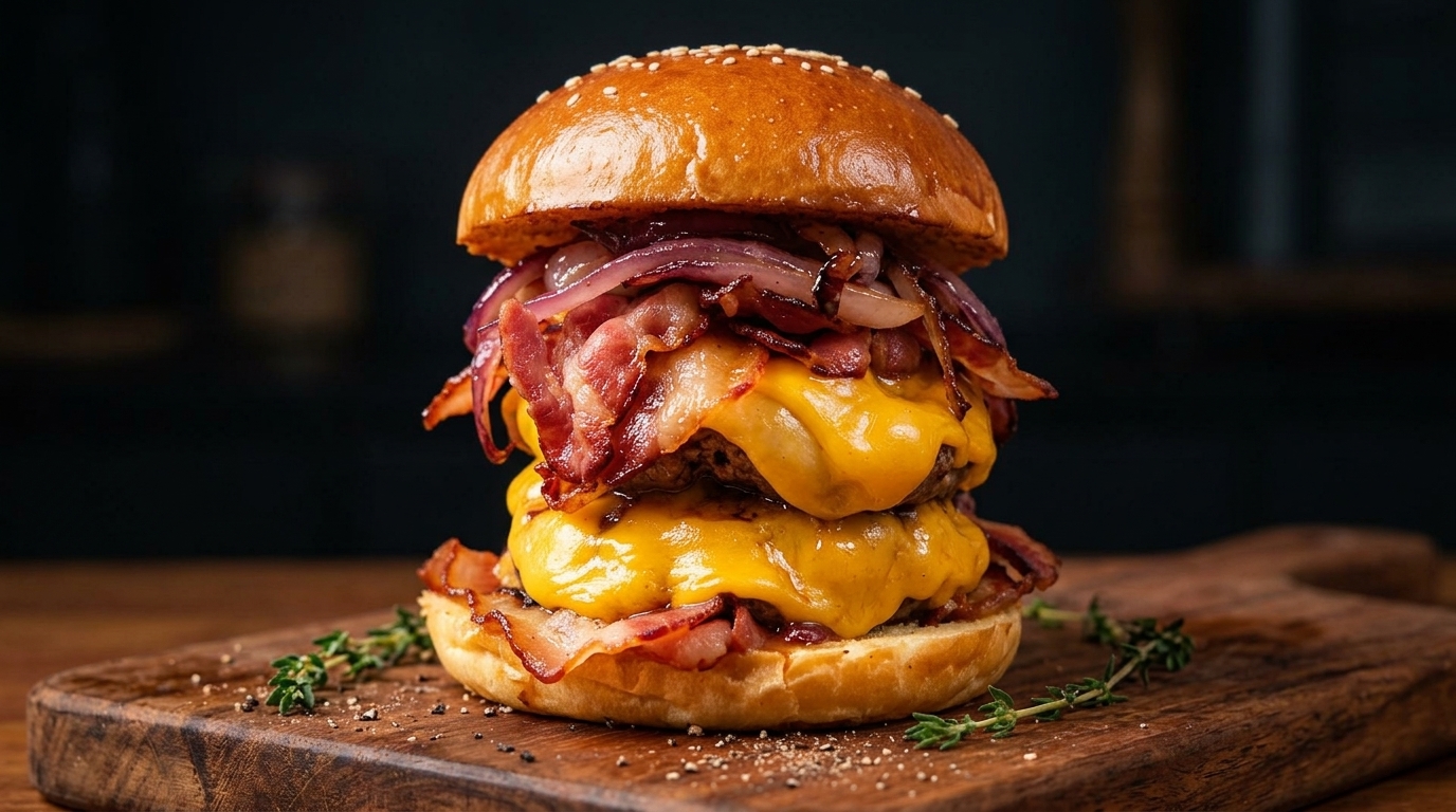 手作りブリオッシュバンズで作る究極のダブルビーフ・ベーコンチーズバーガー