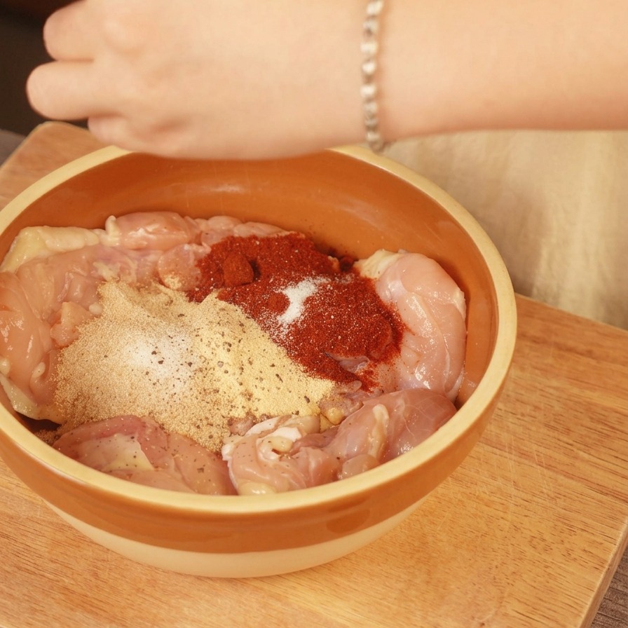 スパイスをまぶした鶏もも肉にレモンを絞っている様子