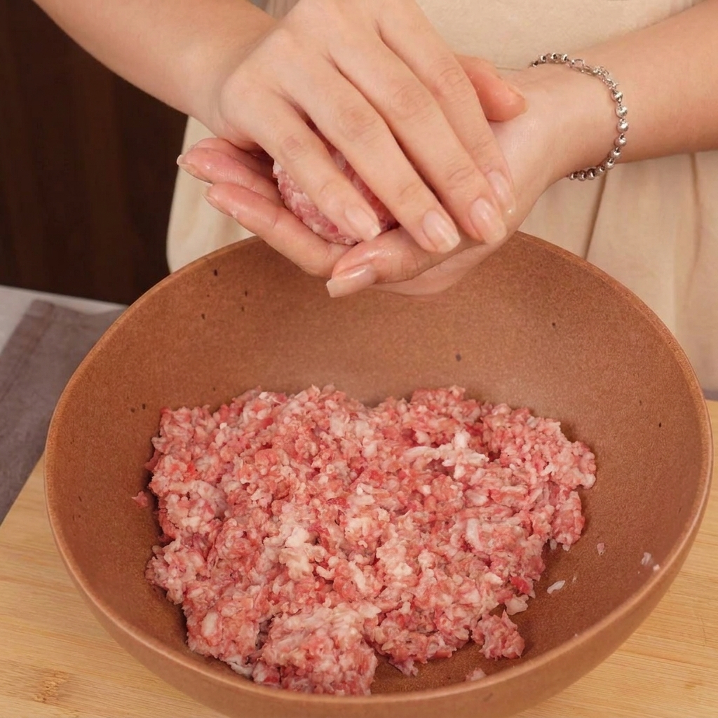 ボウルの上で、牛ひき肉を両手で軽く丸めてボール状に整えている様子。