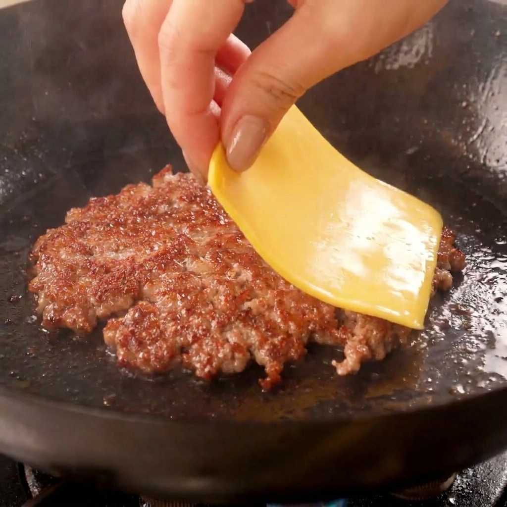 フライパンで焼かれているパティの上に、スライスチーズをのせている様子。