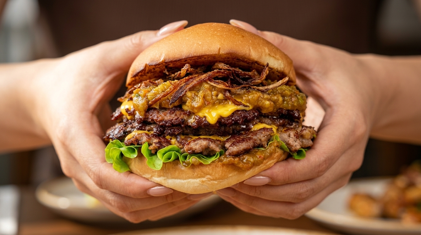 究極のトリプル・スマッシュバーガー：自家製ローストチリソース添え