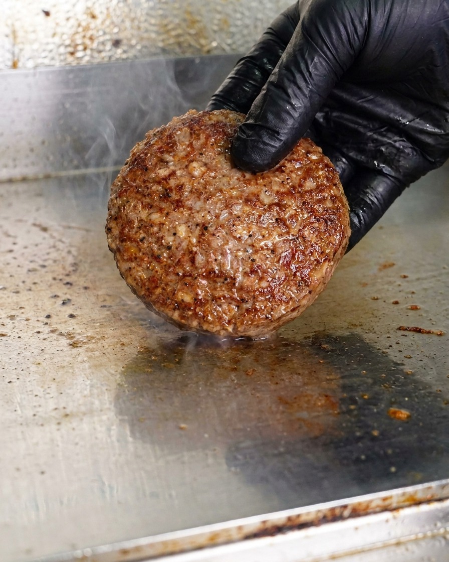 熱した鉄板の上に、丸めた生の牛ひき肉を置いている様子。