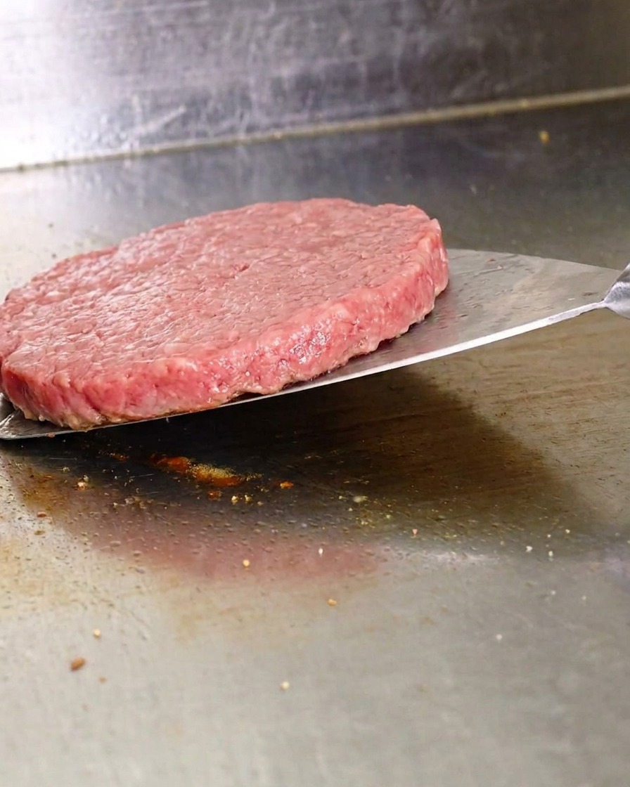 ヘラを使ってパティを鉄板から剥がし、裏返そうとしている様子。