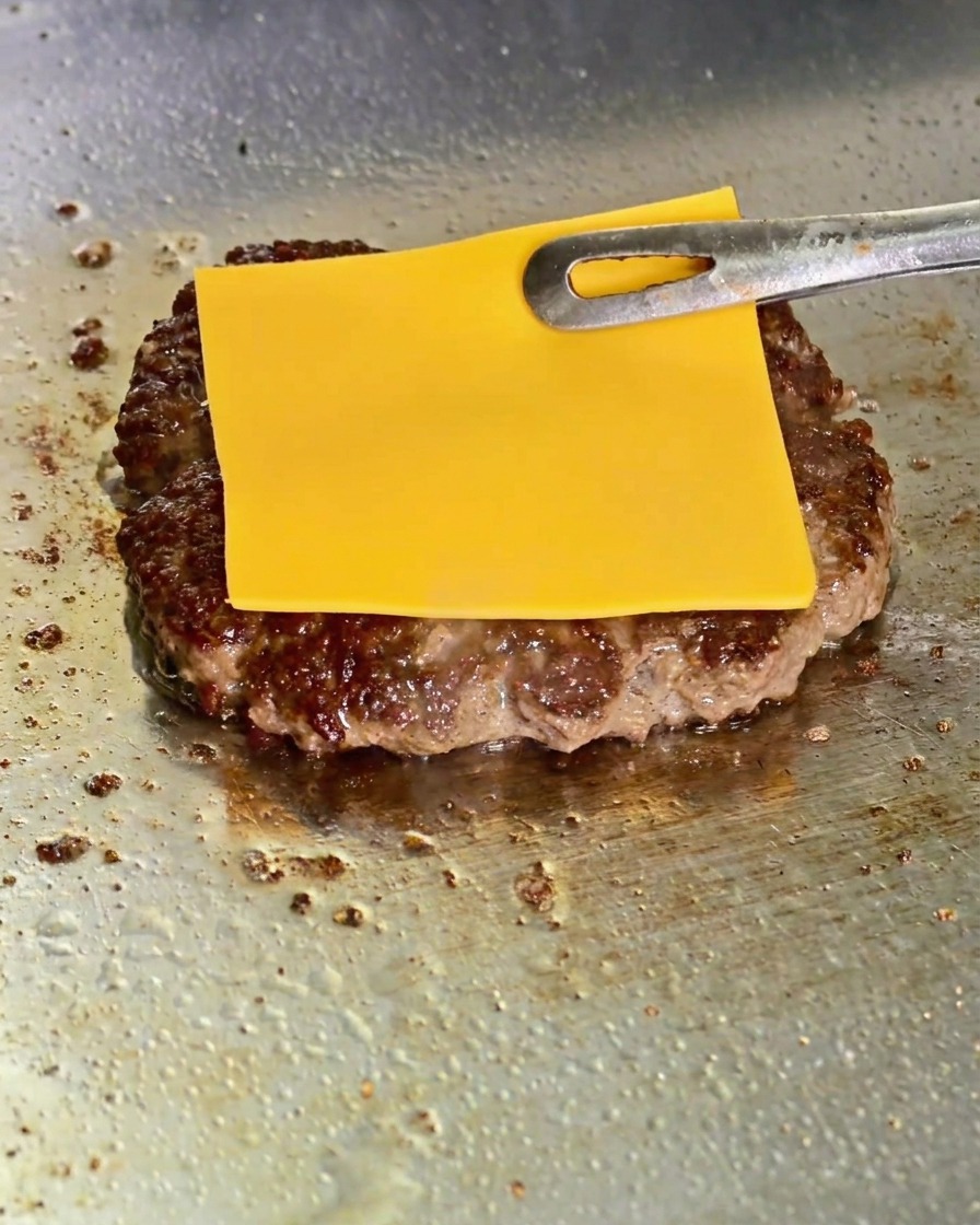 焼き色のついたパティの上にトングでチーズをのせている様子。
