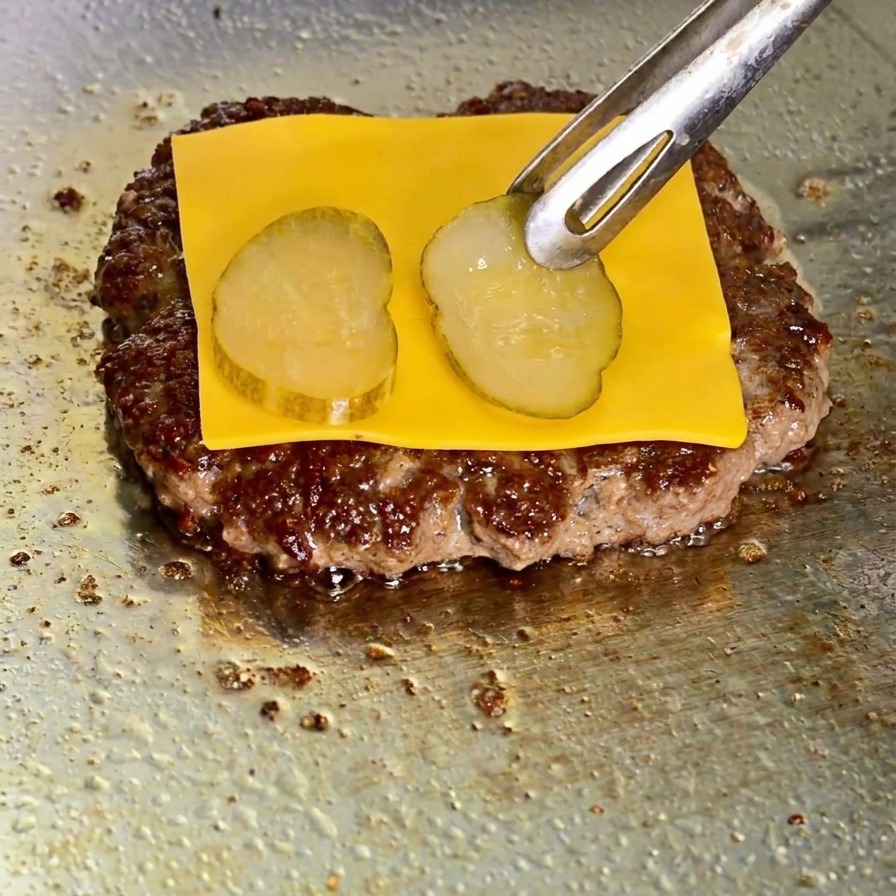 溶け始めたチーズの上にピクルスを並べている様子。