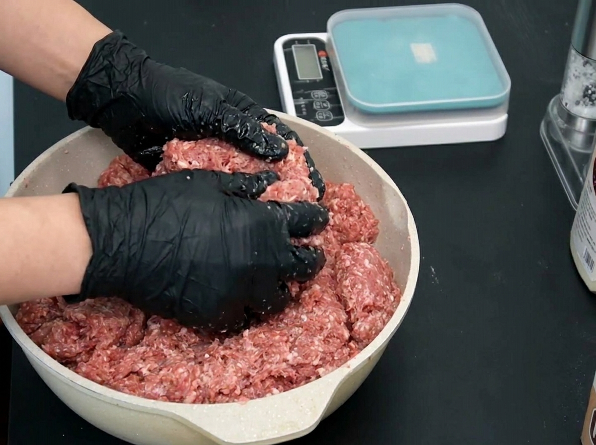 混ぜ合わせた挽肉から、パティ1個分の分量を手に取っている様子。