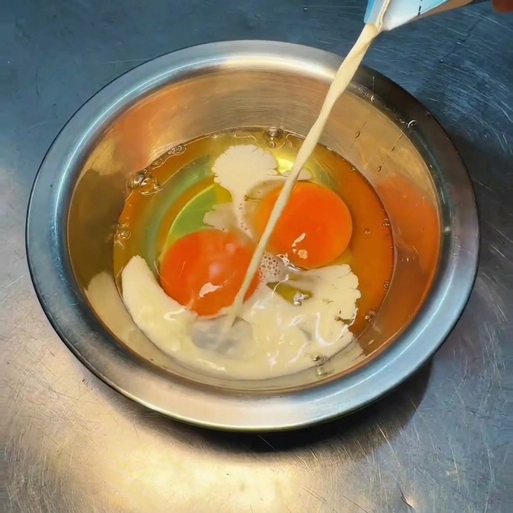 卵の入ったボウルに牛乳を注ぐ様子