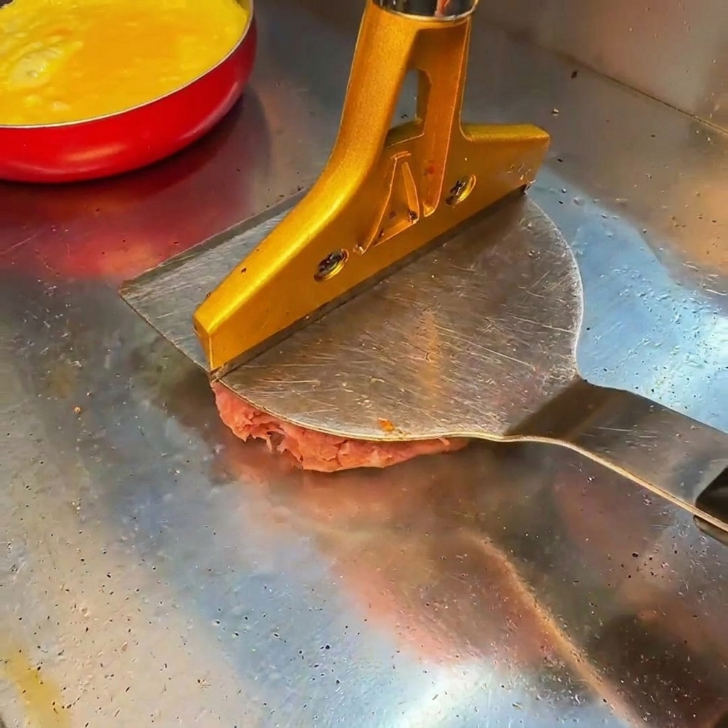 鉄板の上で肉をプレスして薄く広げる様子