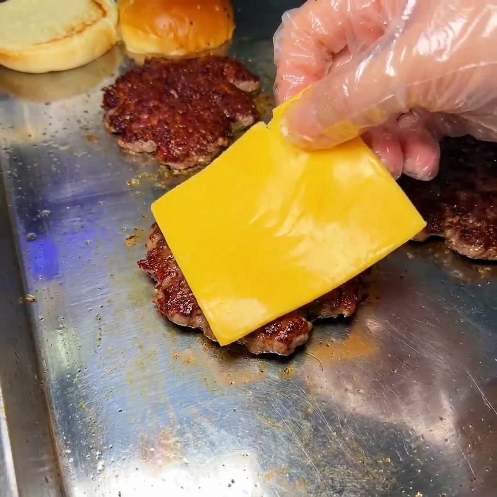 焼きたてのパティにチーズをのせる様子