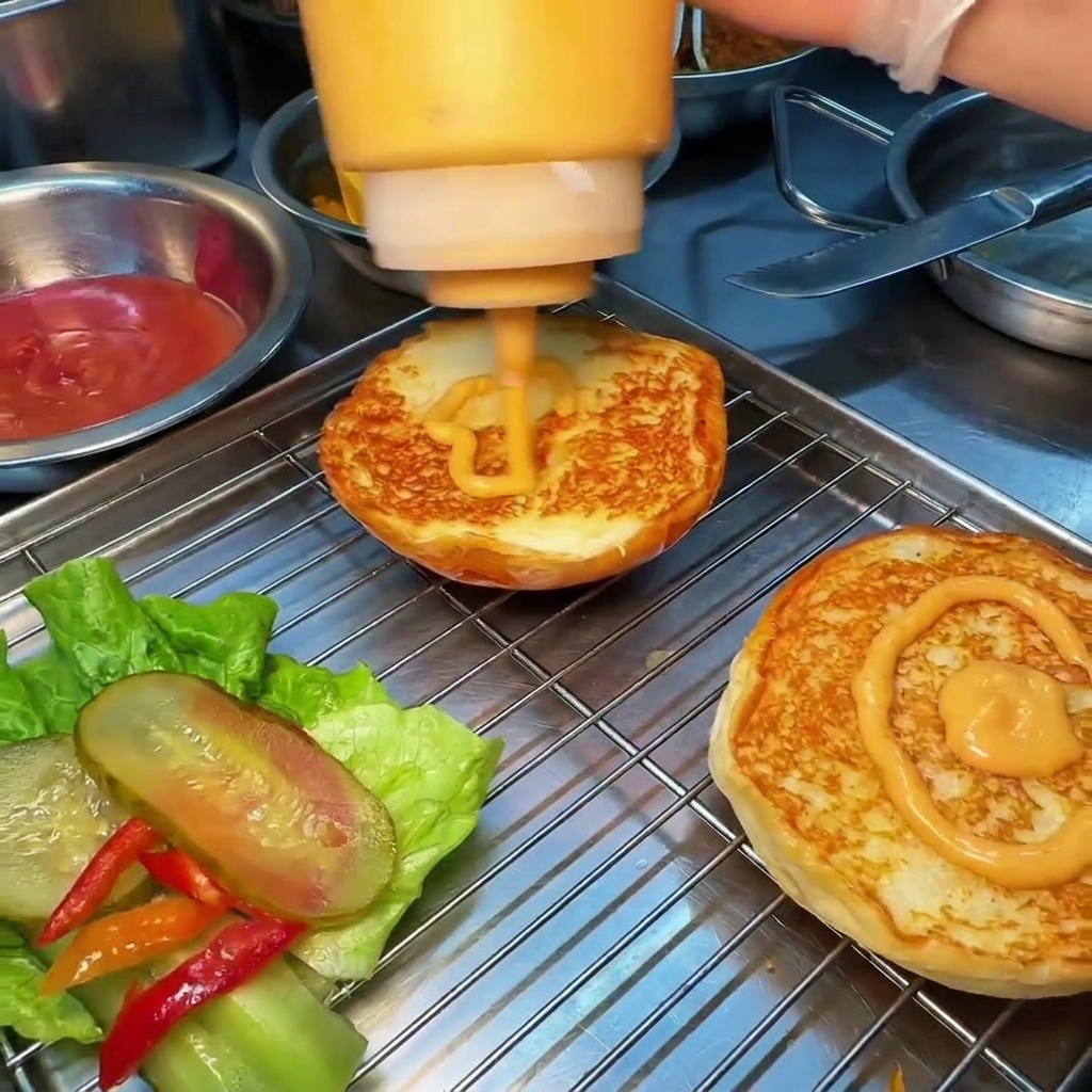 焼いたバンズにオレンジ色のソースをかける様子