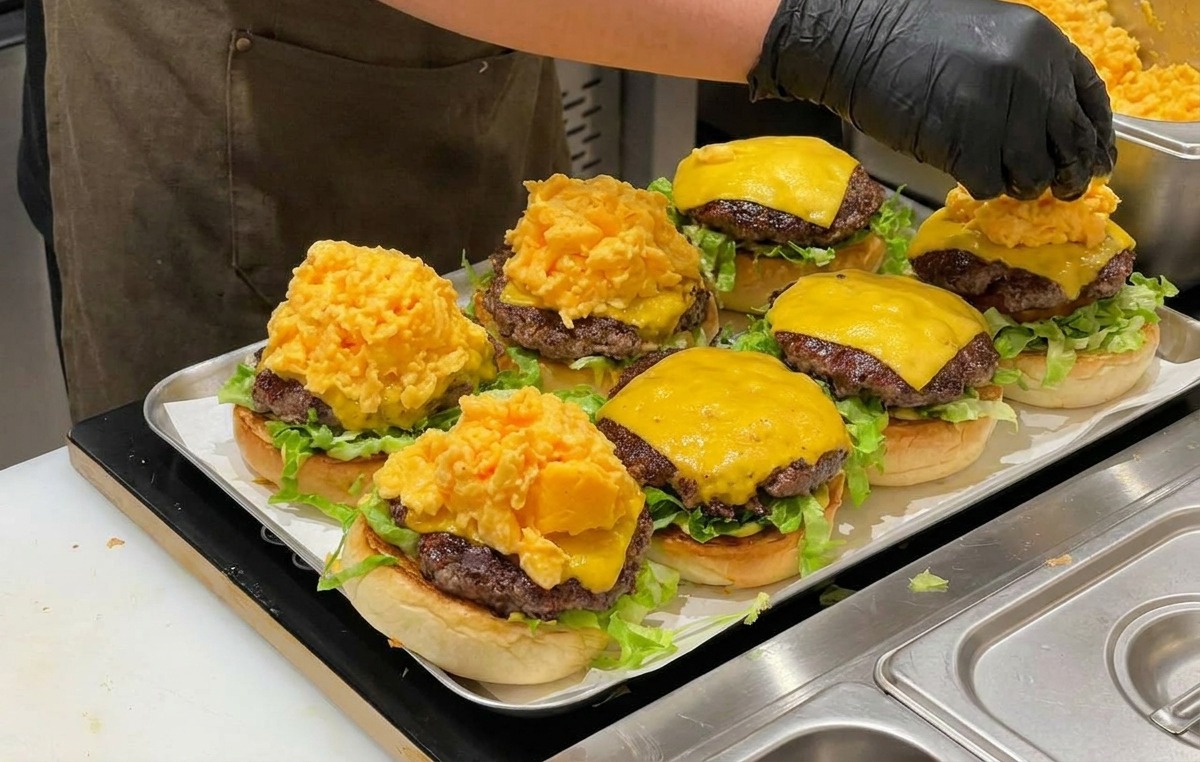 チーズパティの上にふわふわの卵を盛る様子