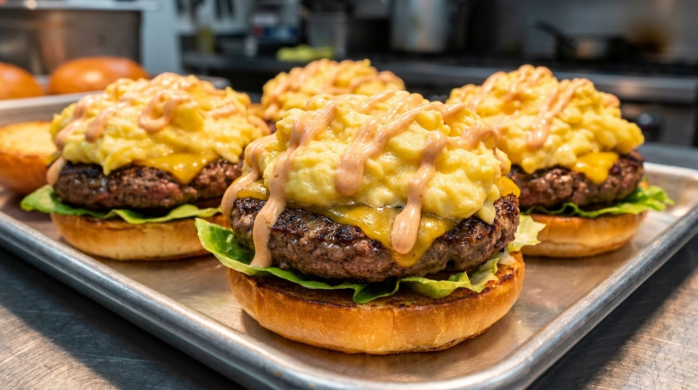 ふわとろ卵と濃厚チーズのスマッシュビーフバーガー