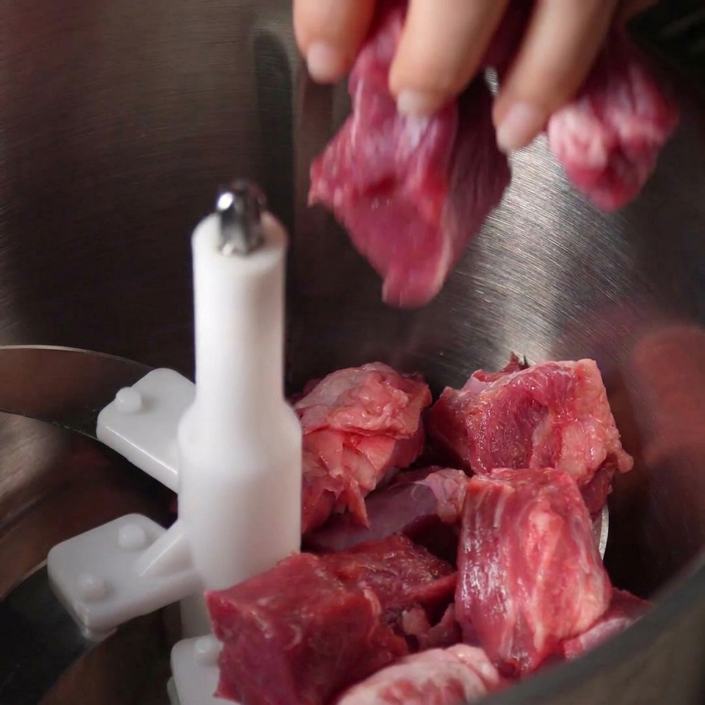 金属製のフードプロセッサーのボウルに、生の牛肉の塊を投入している様子。