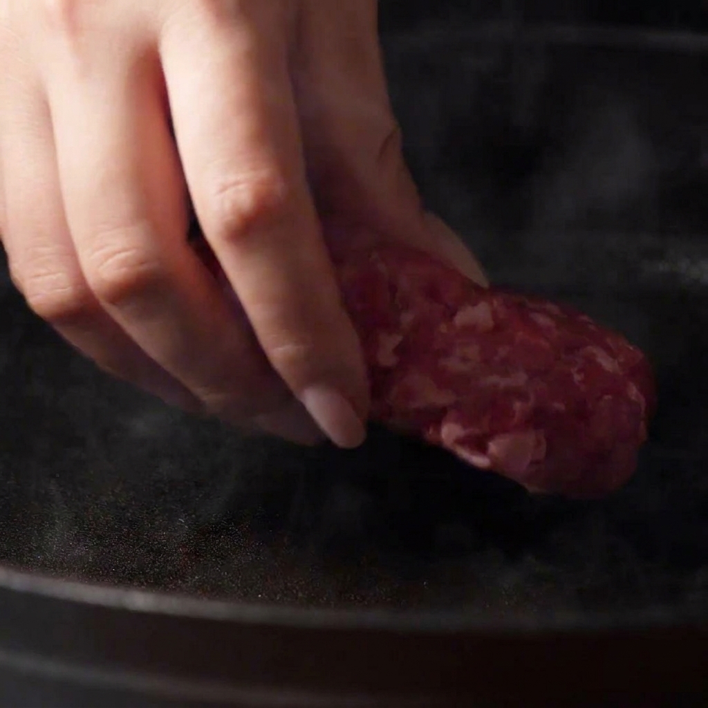 煙が出るほど熱くなったフライパンに、成形した生肉パティを入れる様子。