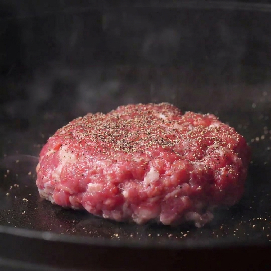 スキレットで焼かれているパティに、塩と黒胡椒を振りかけている様子。