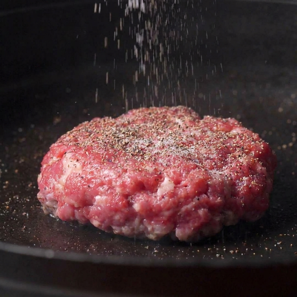 金属製のフライ返しで、こんがり焼けたパティを裏返している様子。