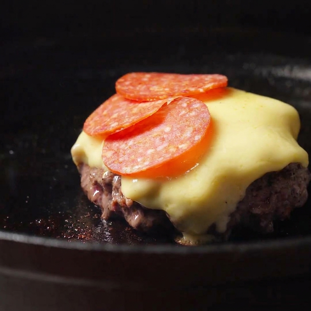 チーズの上にスライスしたサラミを並べている様子。
