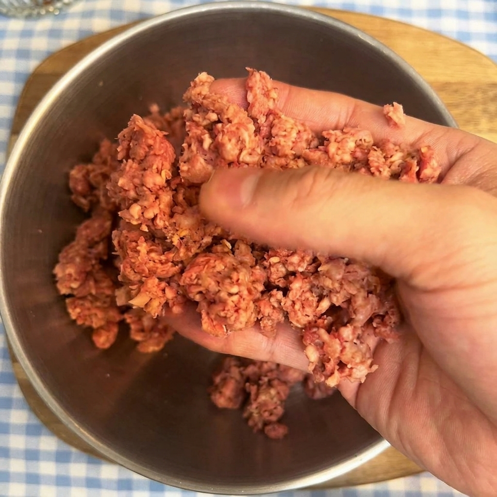 金属製のボウルの中で牛挽肉を優しくこねる様子
