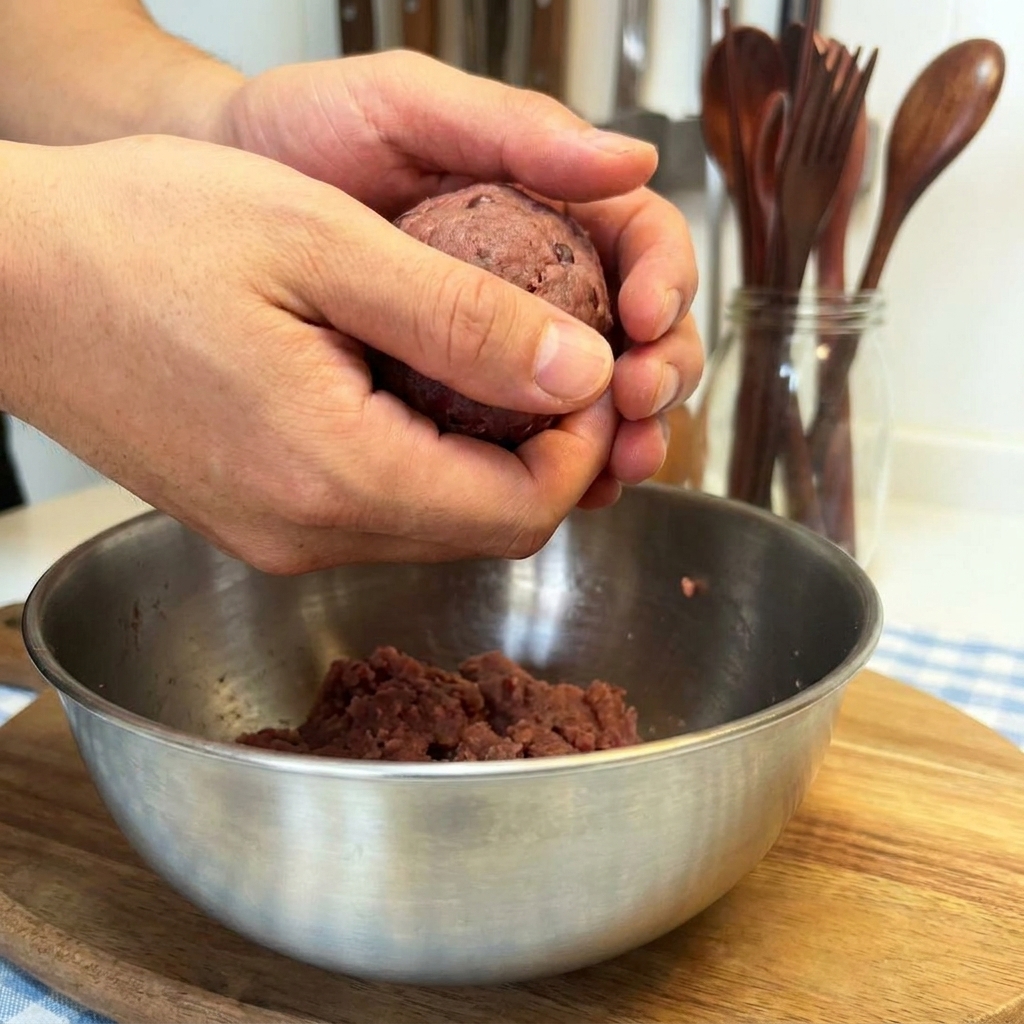 両手で牛挽肉を丸いボール状に成形している様子