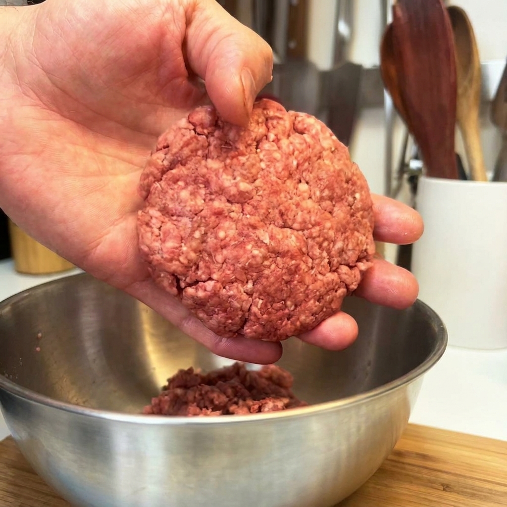手のひらの上で平らに成形された生のハンバーガーパティ