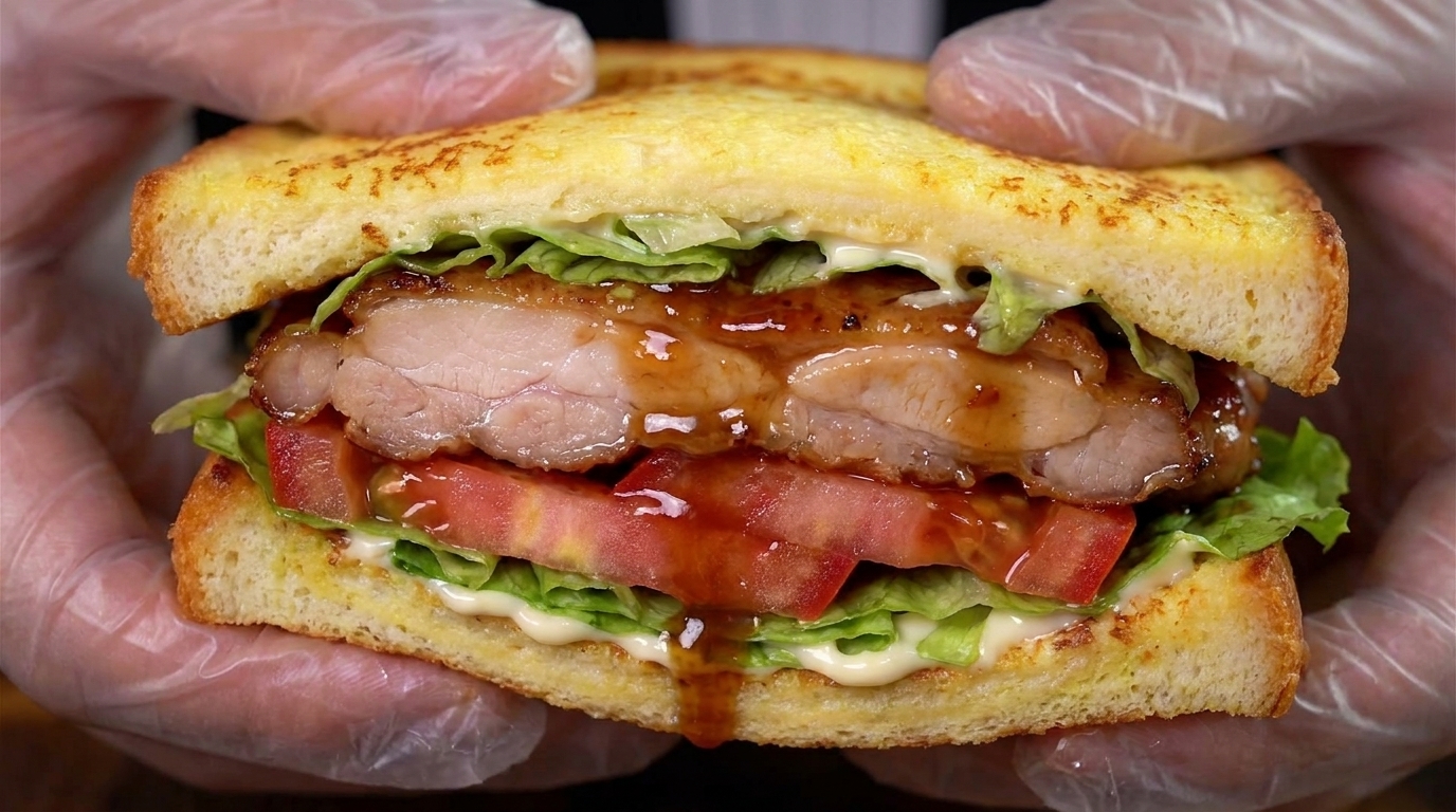 ハチミツ醤油が絡む照り焼きチキンに、新鮮なレタスとトマトをたっぷり挟んだボリューム満点のフレンチトーストサンド。