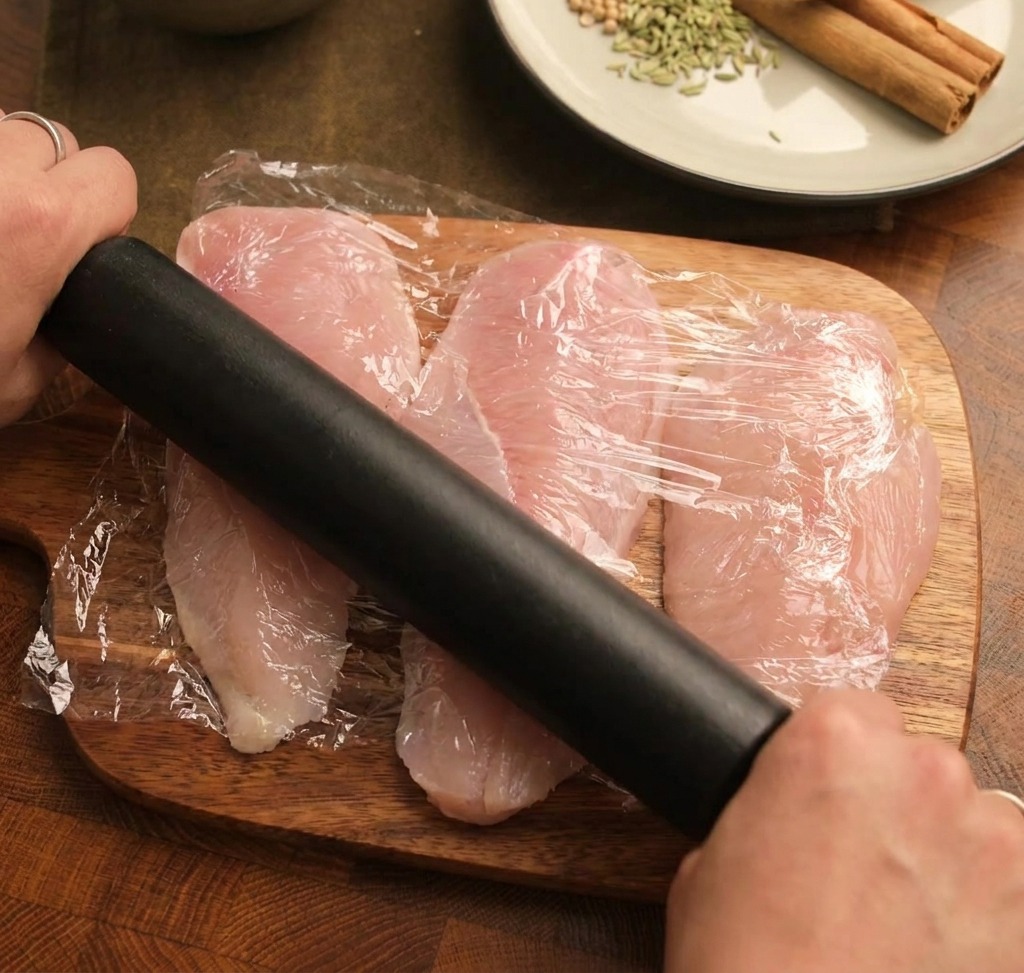 ラップの上から麺棒を使い、鶏むね肉を叩いて平らに広げている様子。