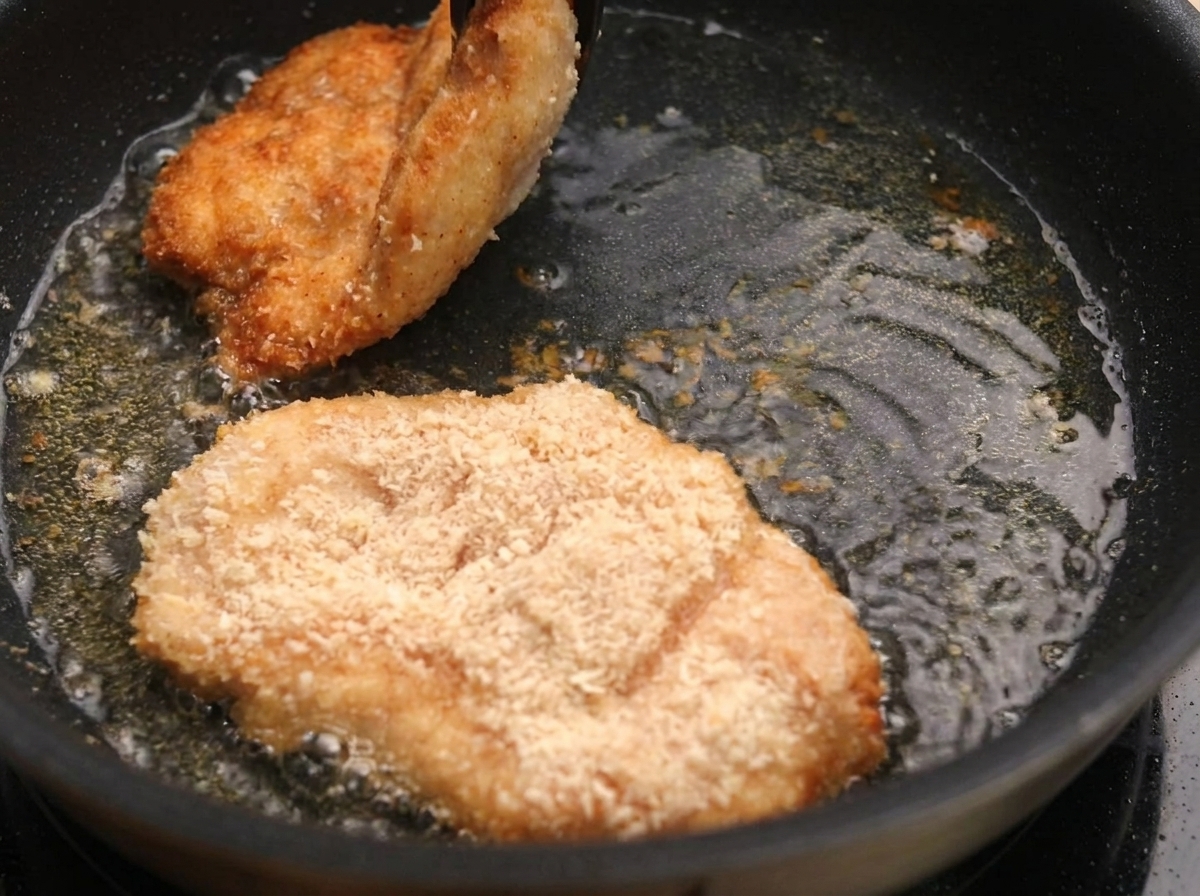 フライパンの中で、こんがりときつね色に揚がった鶏肉の様子。