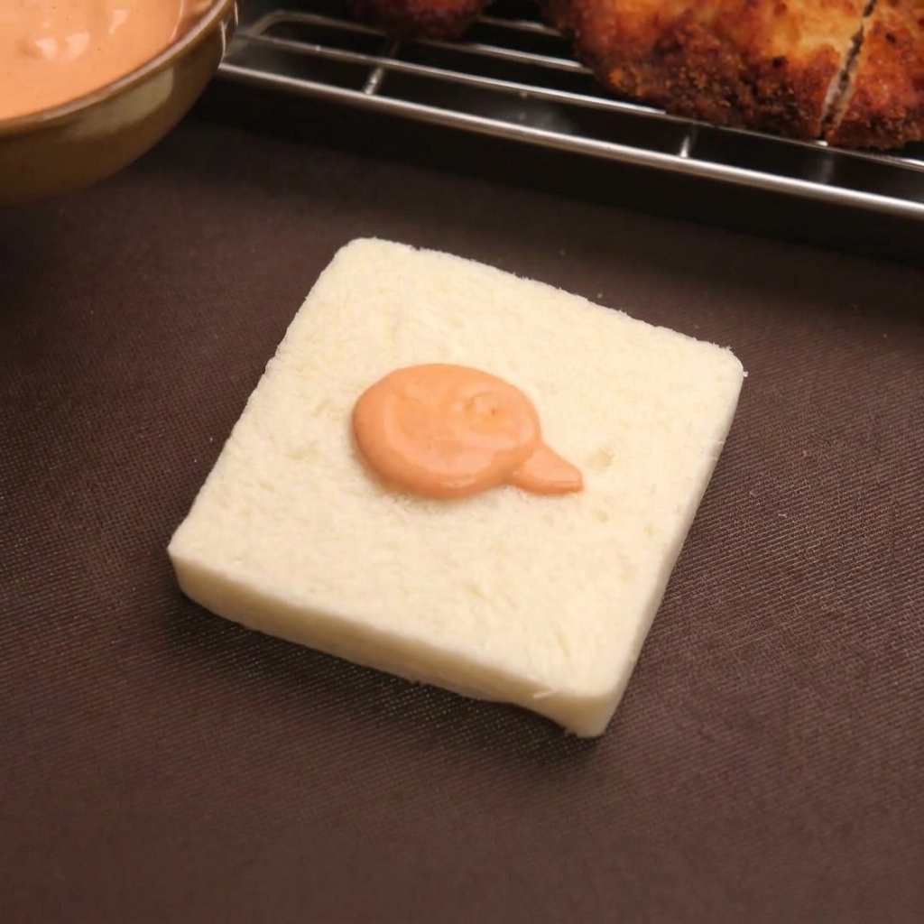 白い食パンの上に、オレンジ色のハリッサマヨネーズをのせた様子。
