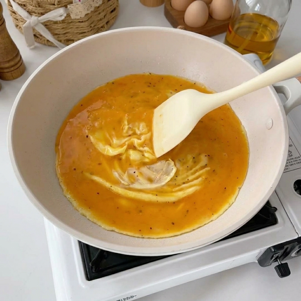 スパチュラで卵をゆっくりと折りたたむように混ぜる様子。
