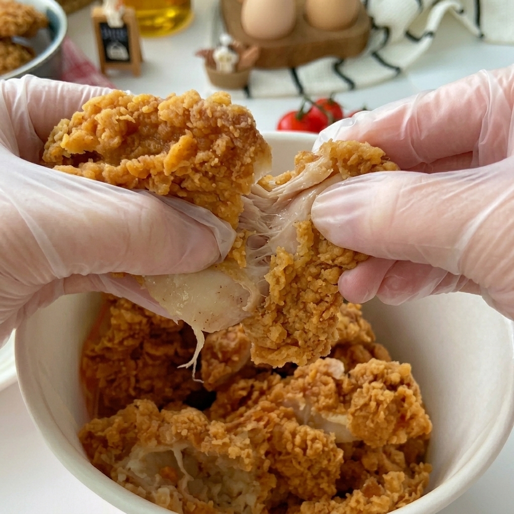 フライドチキンを手でひと口サイズに割いている様子。