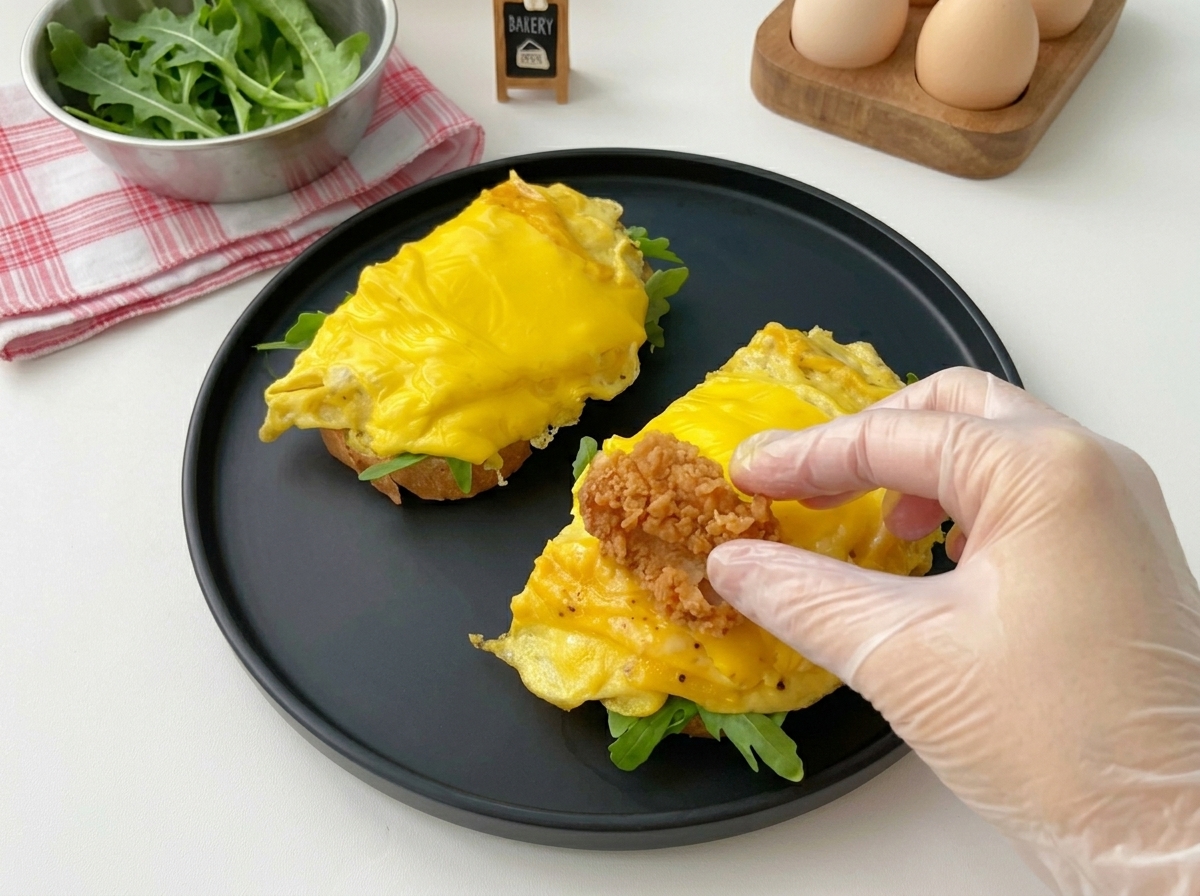 チーズエッグの上にフライドチキンを盛り付けている様子。