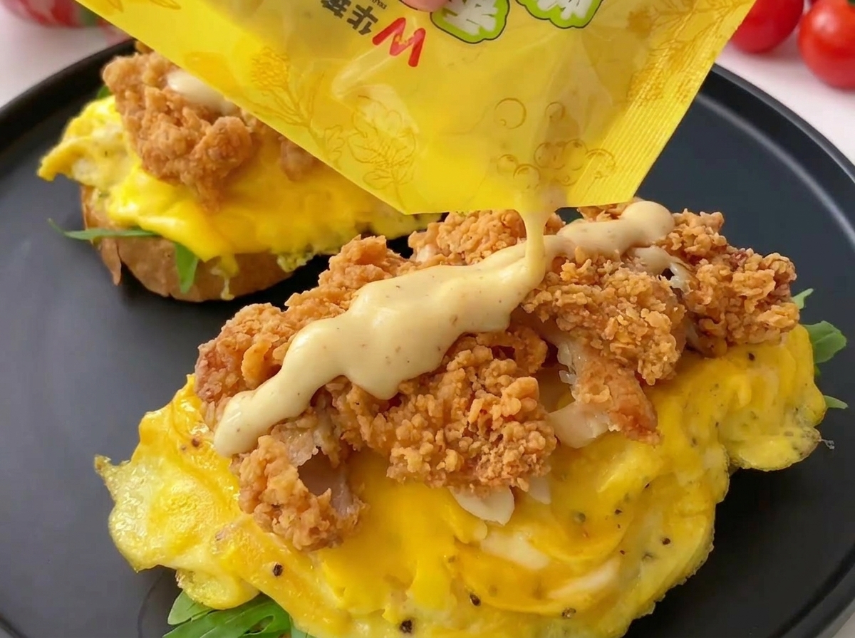 仕上げにハニーマスタードソースをチキンの上に垂らす様子。