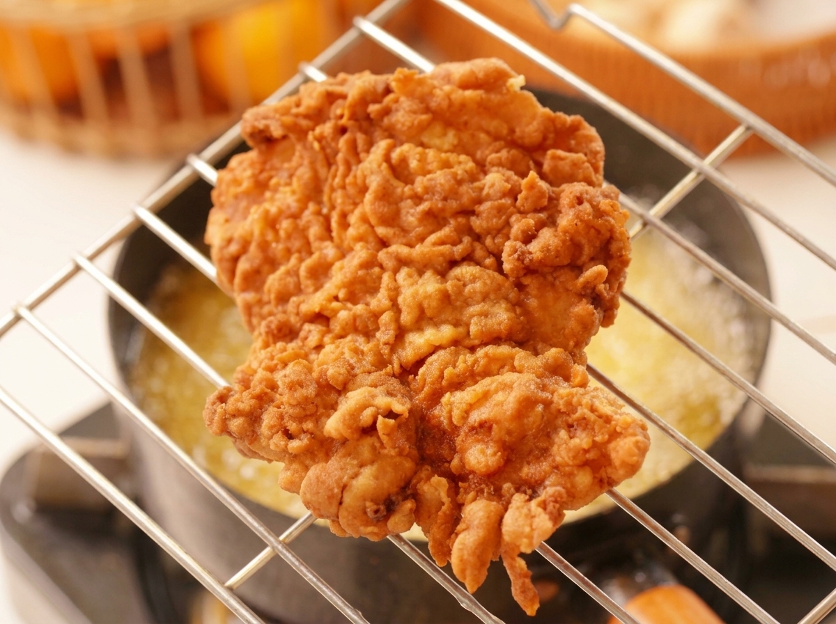 網付きのバットの上で揚がったばかりのチキンが並んでいる様子