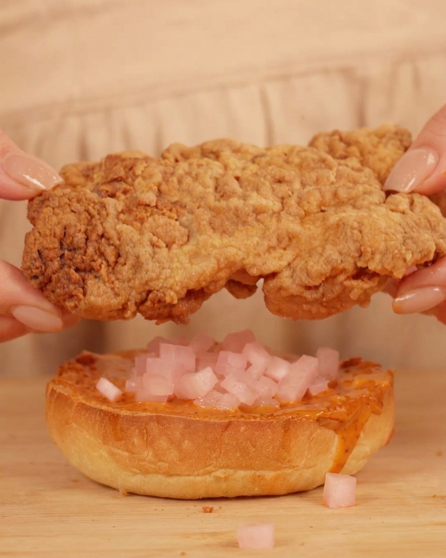 たくあん、チキン、キムチ、ベーコンを層状に重ねてバーガーを完成させる様子